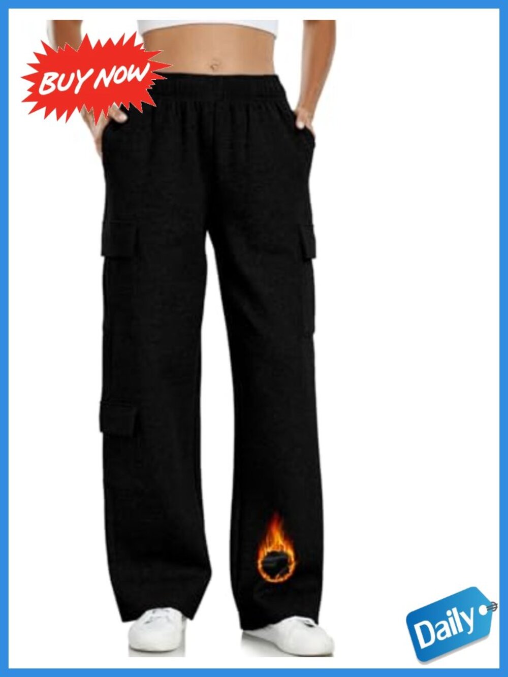 Womens Fleece Lined Cargo Sweatpants Y2K Baggy Wide Leg Tummy Control